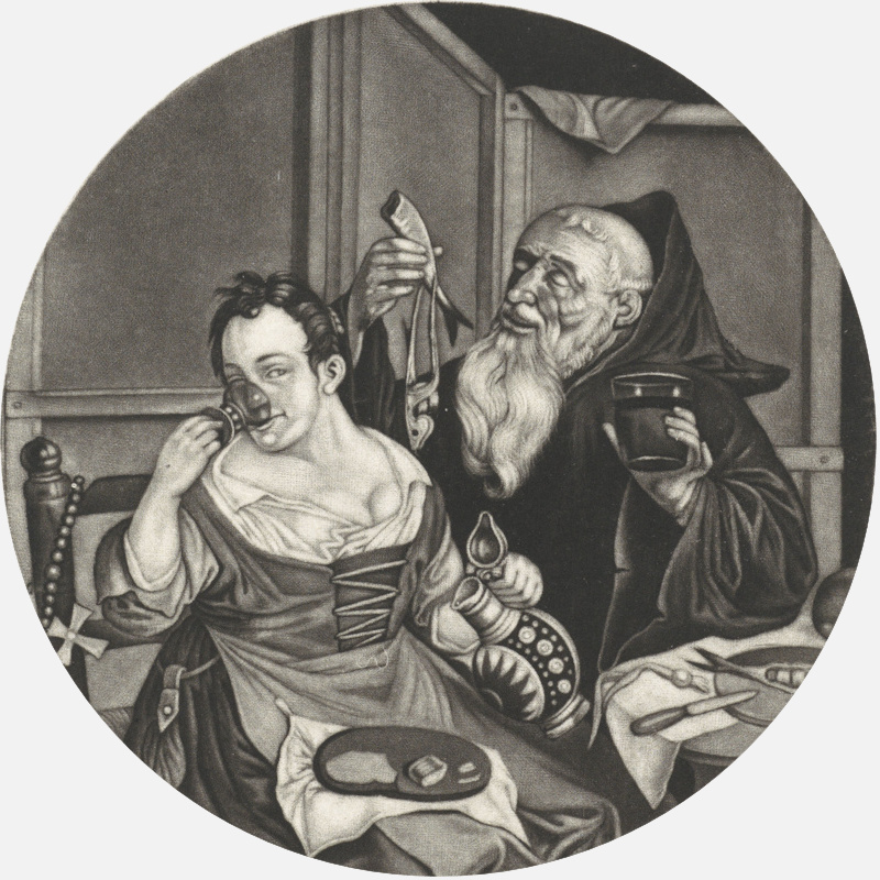image of monk and a woman by cornelis dusart 1670-1704 drunk monks