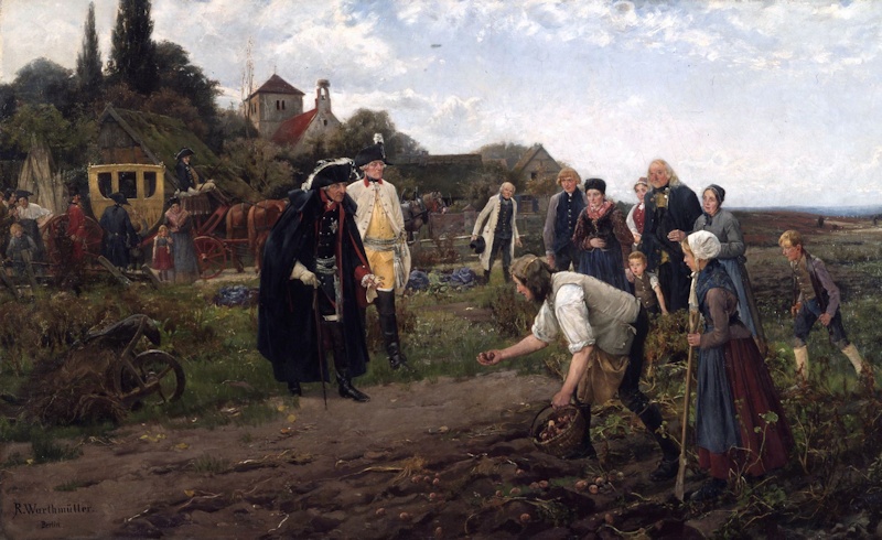 image of king frederick the great of prussia inspecting a harvest 
the potato king 1886 robert warthmüller potato history
