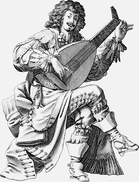 a vector image of a seated man with a lute by abraham bosse 1630-1631 the bard's instruments