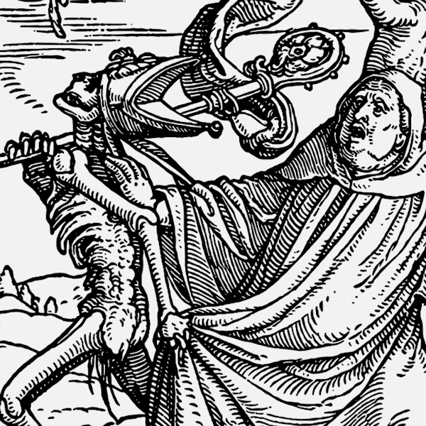 A Detail of a Vector Illustration of a Monk Dragged Away by a Skeleton