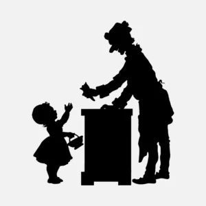 Child Receiving Cone of Candy, Nuts or Seeds Silhouettes Vector