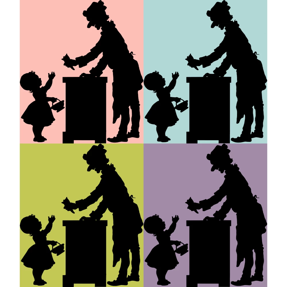 Child Receiving Cone of Candy, Nuts or Seeds Silhouettes Vector