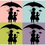 Children in the Rain Silhouette Vector