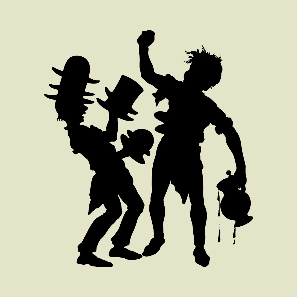 Man Wearing Many Hats and Man Spilling Wine Silhouettes Vector