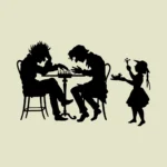 Two Men Playing Chess and Hawker Girl Silhouette Vector