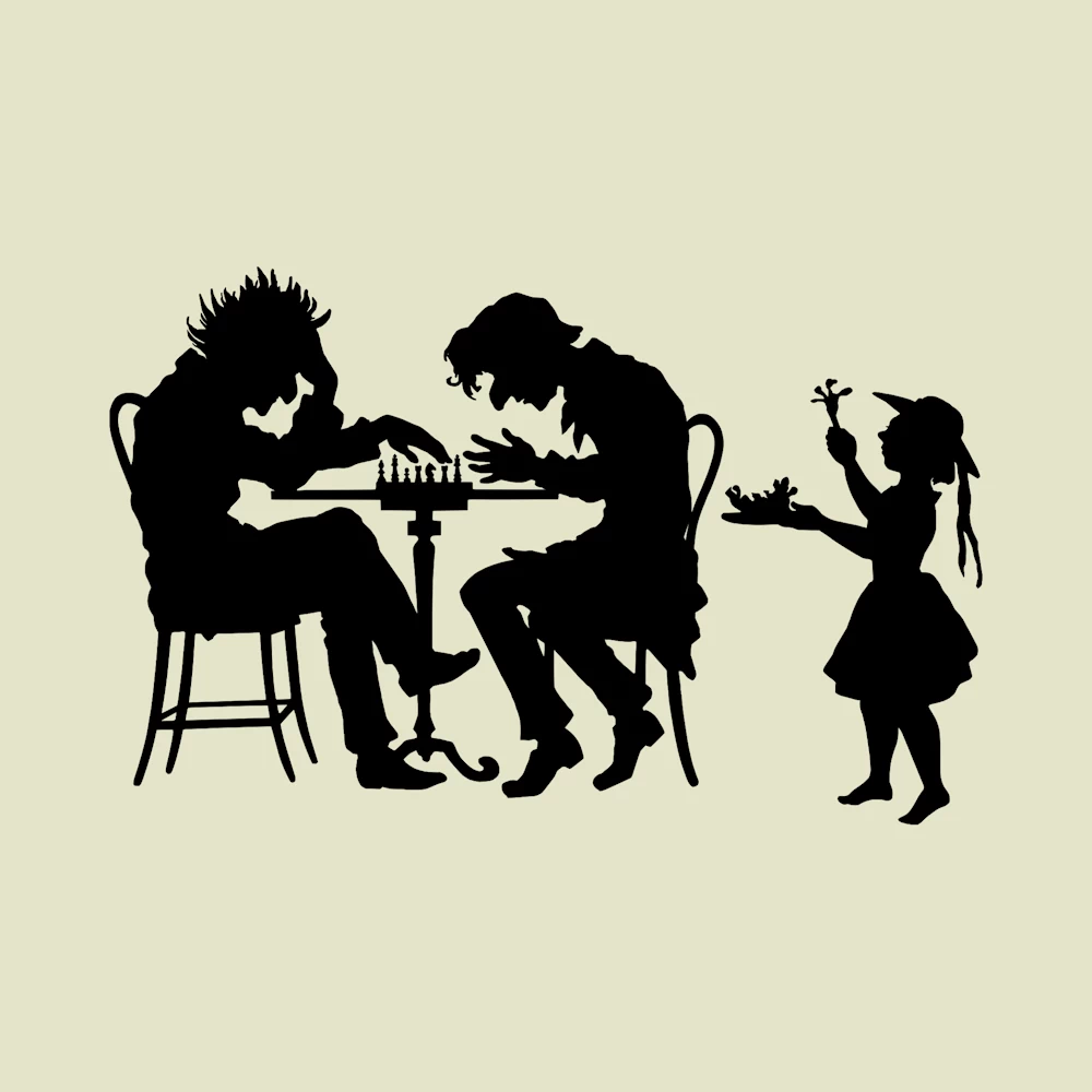 Two Men Playing Chess and Hawker Girl Silhouette Vector