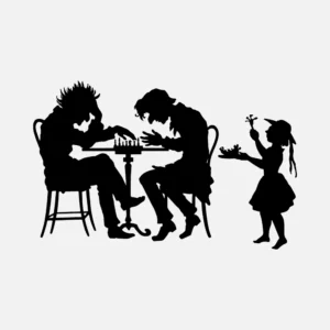 Two Men Playing Chess and Hawker Girl Silhouette Vector