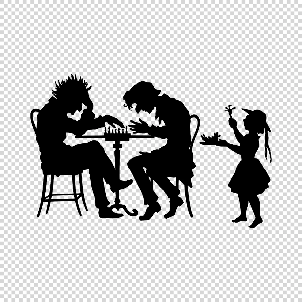 Two Men Playing Chess and Hawker Girl Silhouette Vector
