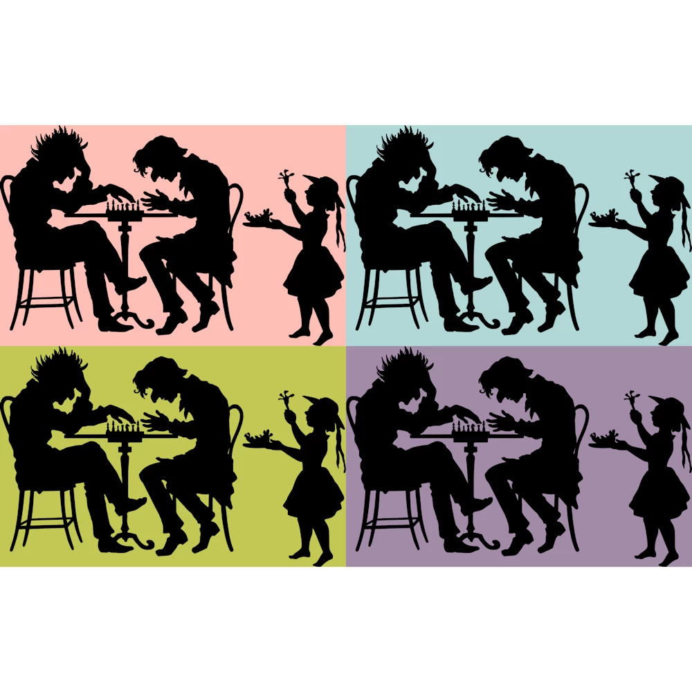 Two Men Playing Chess and Hawker Girl Silhouette Vector