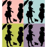 Children With Umbrella Silhouette Vector