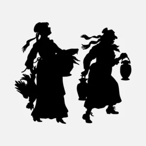 Two Women Carrying Dead Animals Silhouette Vector