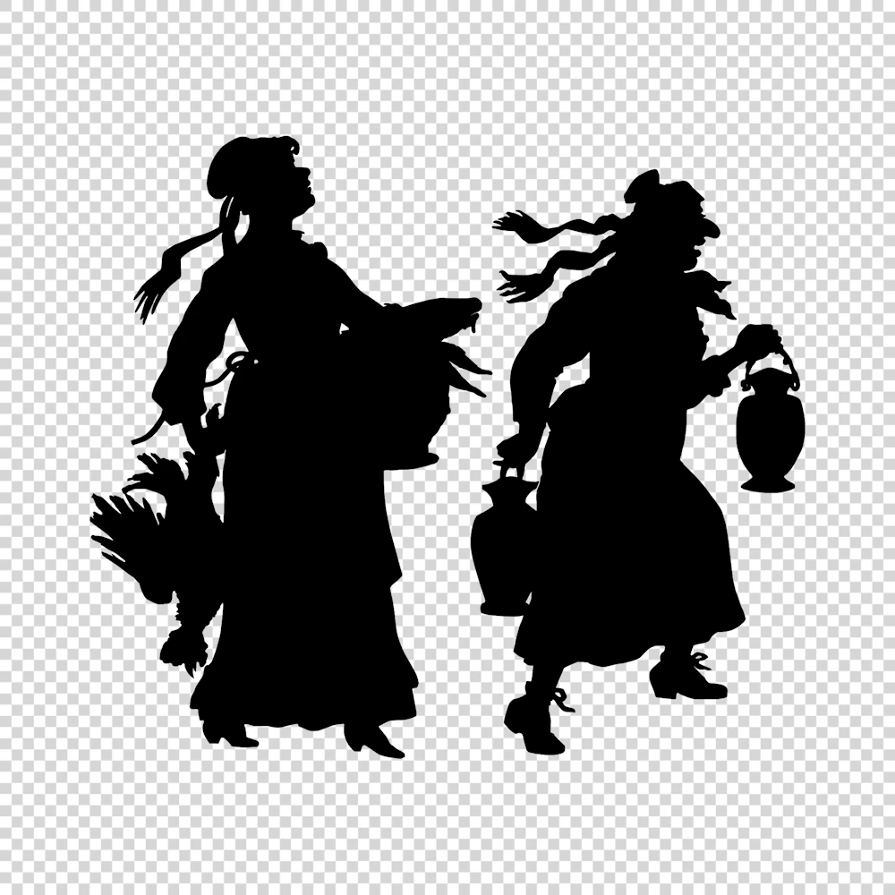 Two Women Carrying Dead Animals Silhouette Vector
