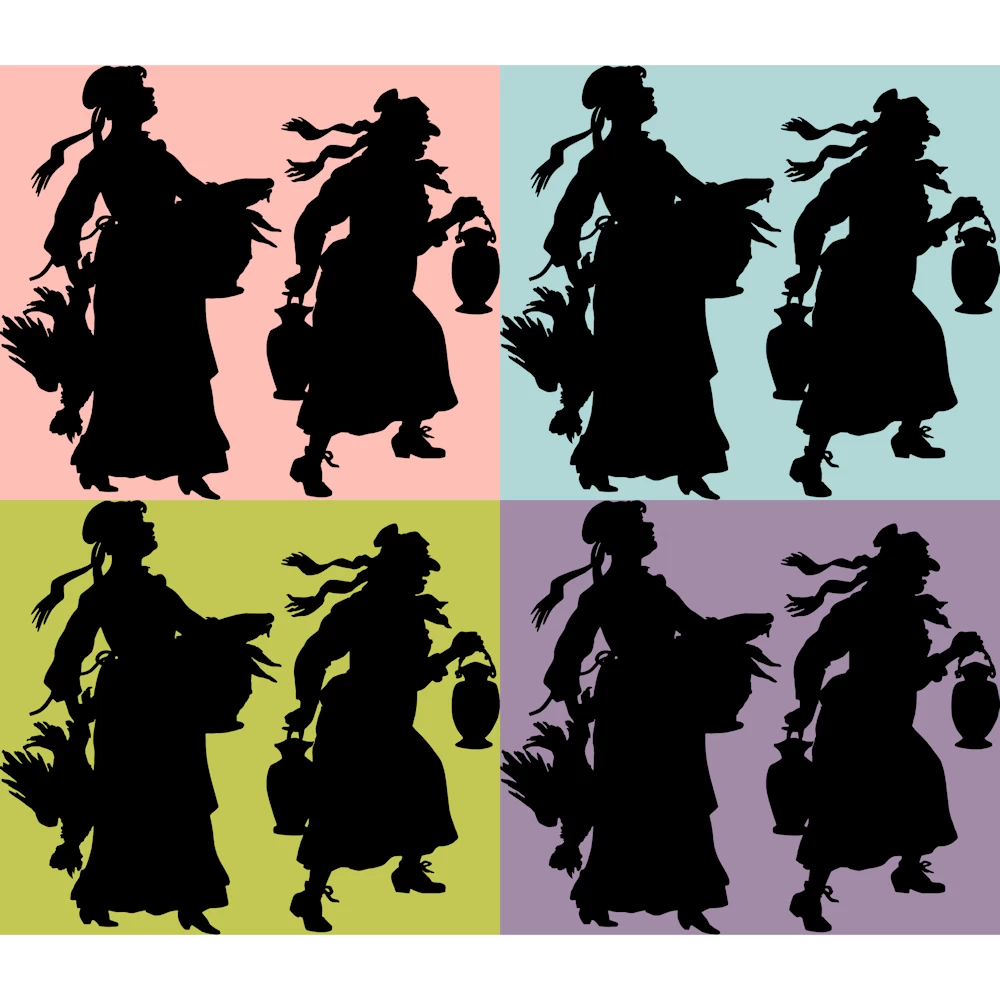 Two Women Carrying Dead Animals Silhouette Vector