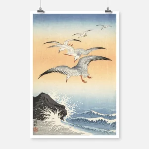 Five Seagulls over Turbulent Sea Poster