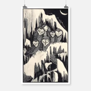 Six Barn Owls Sleeping on Snowy Branches Poster