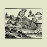 Two Men Catch a Beast in a Fishing Net Vector