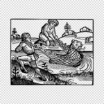 Two Men Catch a Beast in a Fishing Net Vector