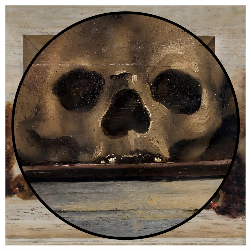 Vanitas Still Life with Skull Laurel Wreath Book and two Burning Candles