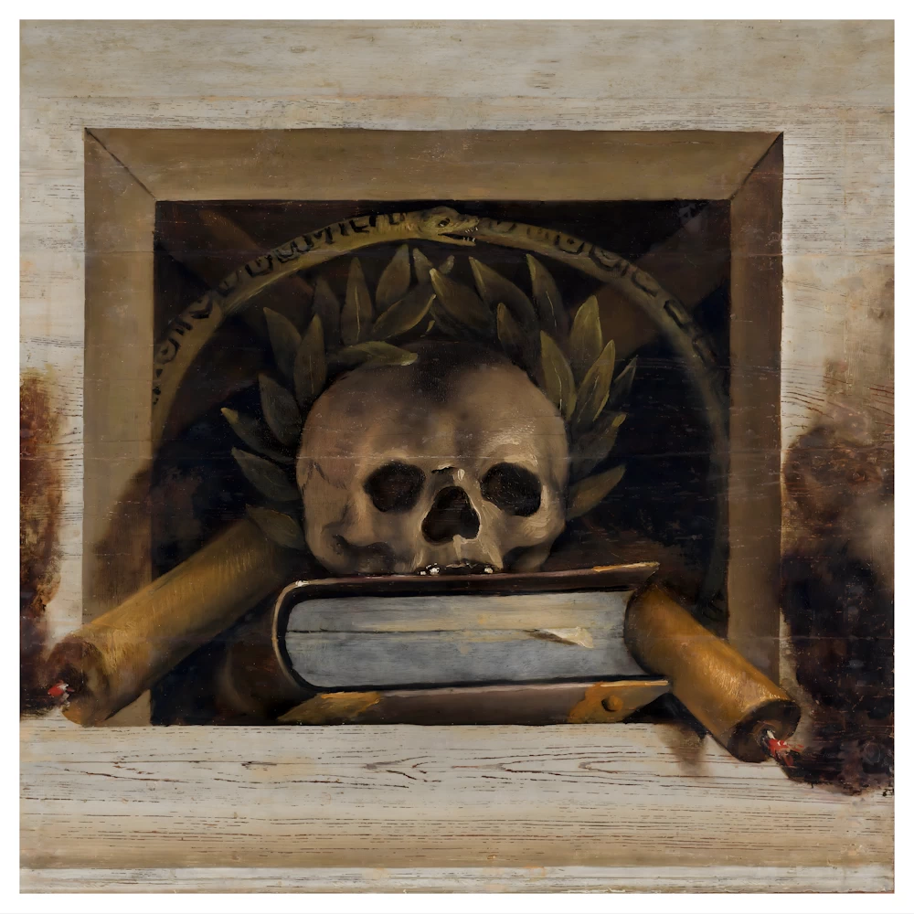 Vanitas Still Life with Skull Laurel Wreath Book and two Burning Candles
