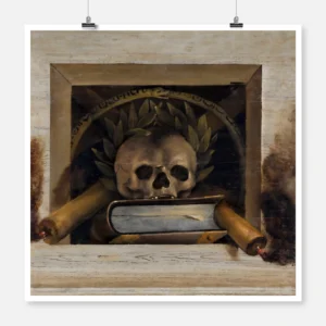 Vanitas Still Life with Skull Laurel Wreath Book and two Burning Candles