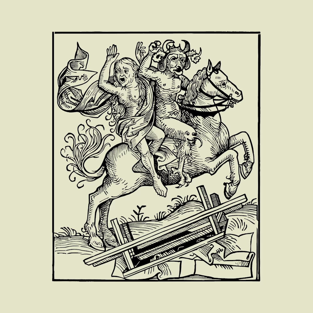 Witch of Berkeley Being Carried off by the Devil on Horseback Vector