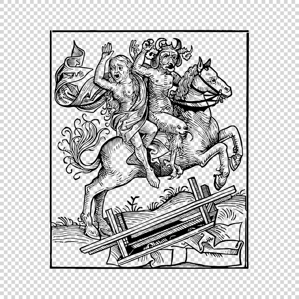Witch of Berkeley Being Carried off by the Devil on Horseback Vector