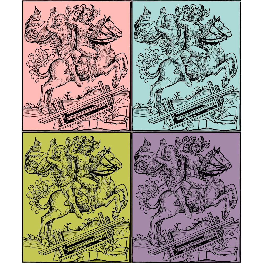 Witch of Berkeley Being Carried off by the Devil on Horseback Vector