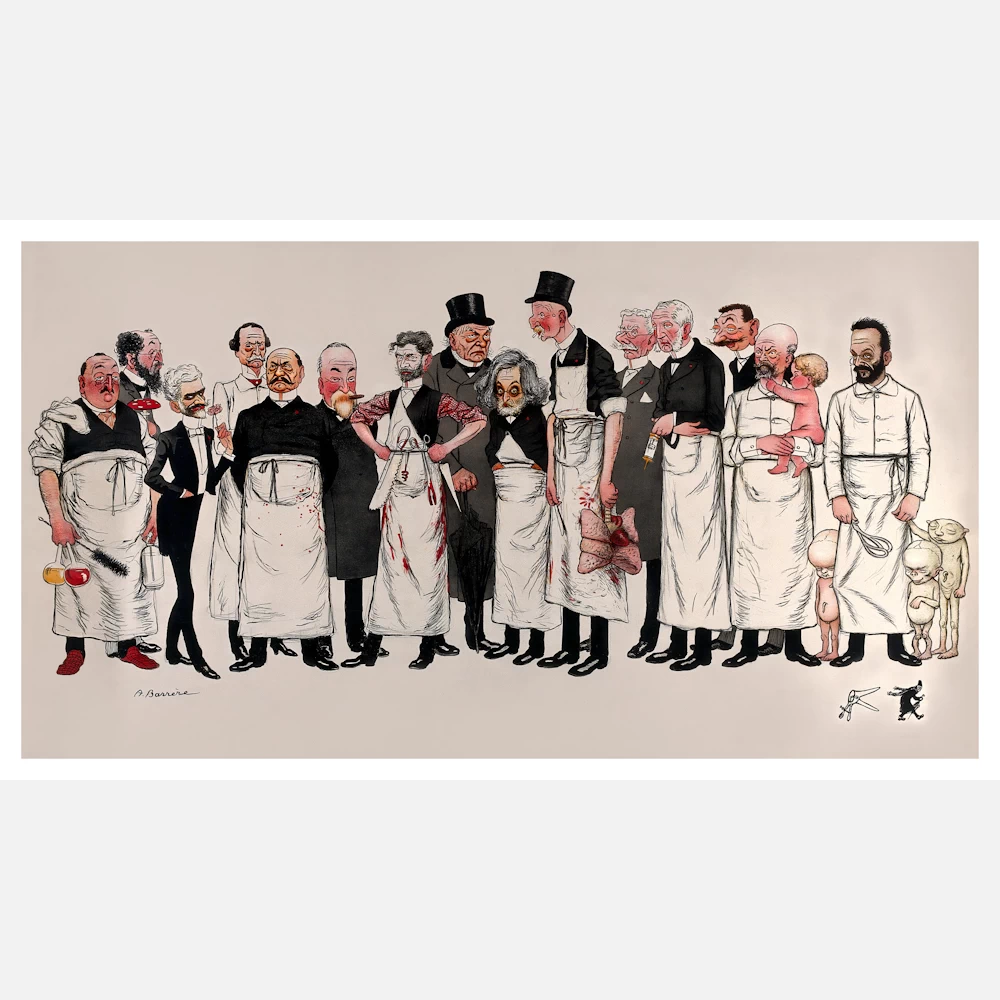 Fifteen French Doctors Wearing Aprons and Holding Various Instruments Poster