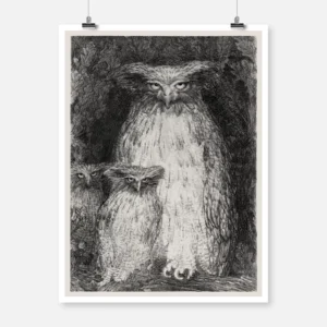 Owl with Two Owlets Sitting on a Branch Poster