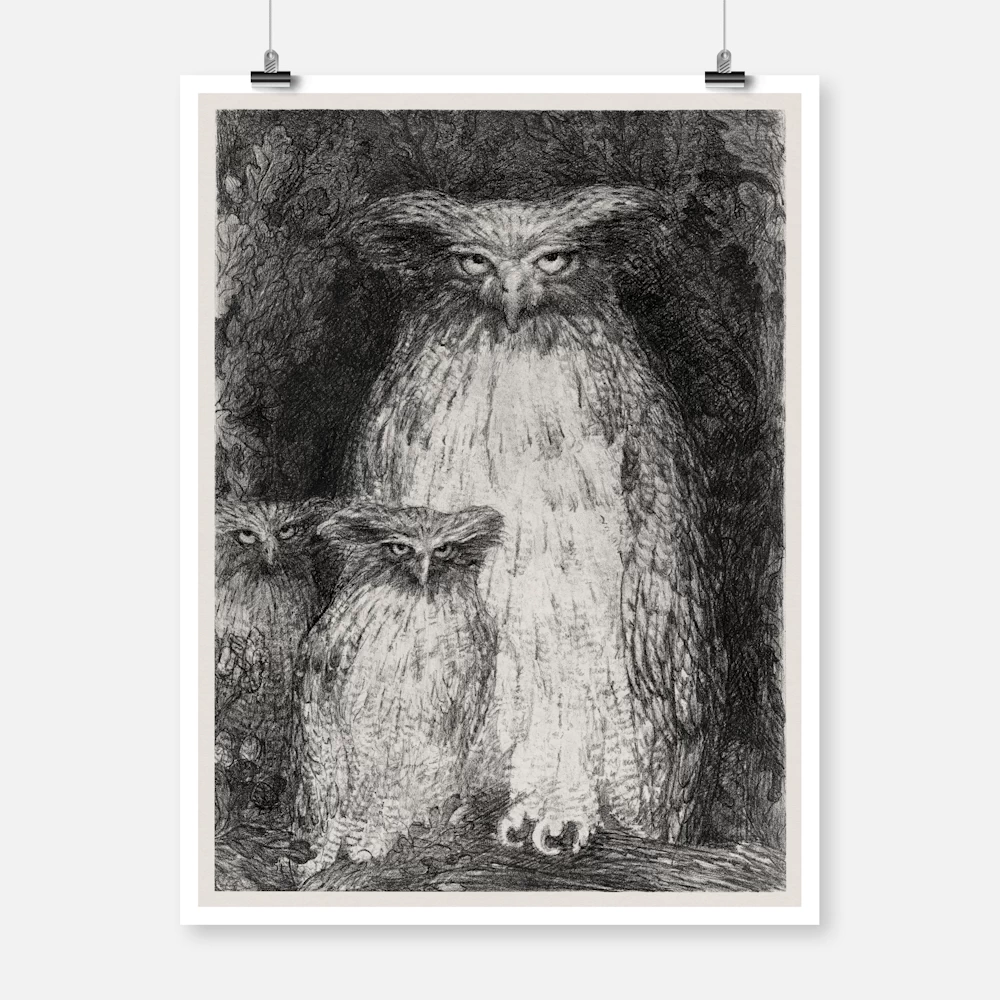 Owl with Two Owlets Sitting on a Branch Poster