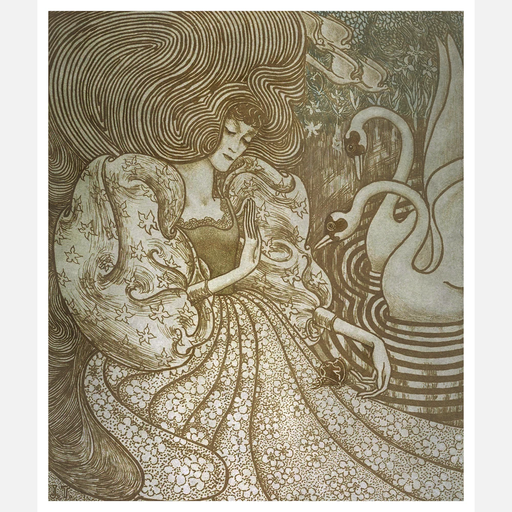 Woman with Butterfly at a Pond with Two Swans Poster