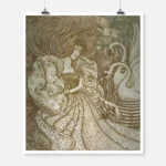 Woman with Butterfly at a Pond with Two Swans Poster