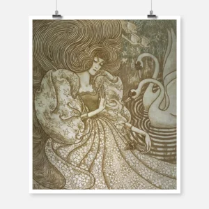 Woman with Butterfly at a Pond with Two Swans Poster