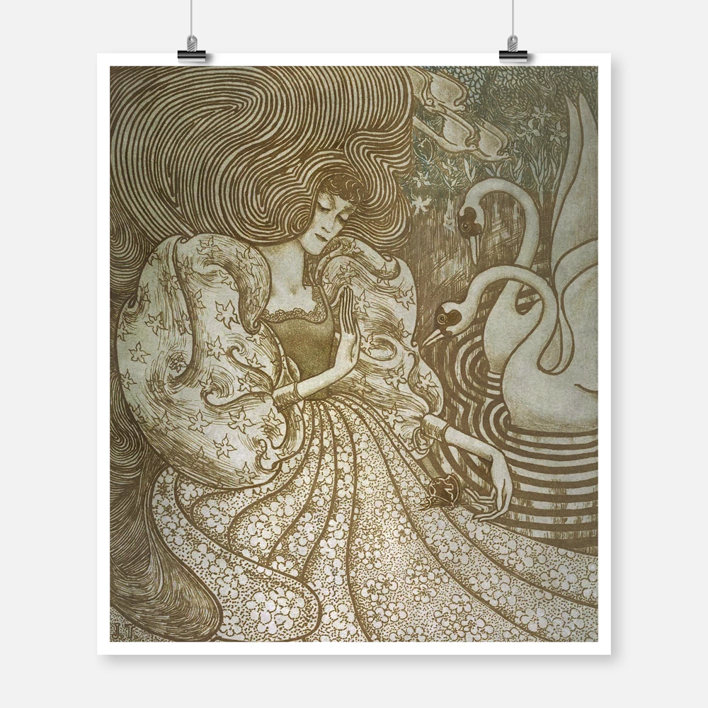 Woman with Butterfly at a Pond with Two Swans Poster