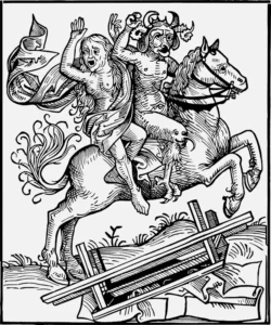 The Witch of Berkeley Being Carried off By the Devil on Horseback Vector