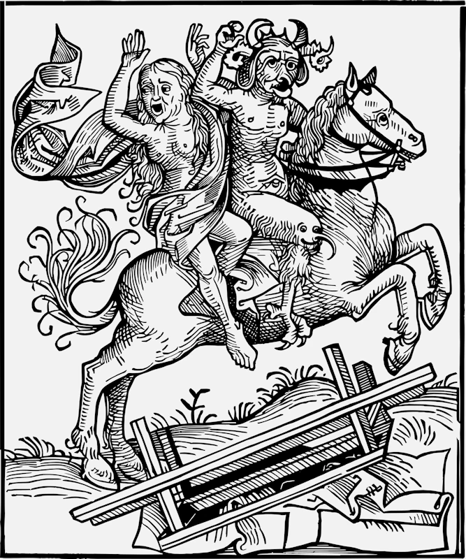 The Witch of Berkeley Being Carried off By the Devil on Horseback Vector