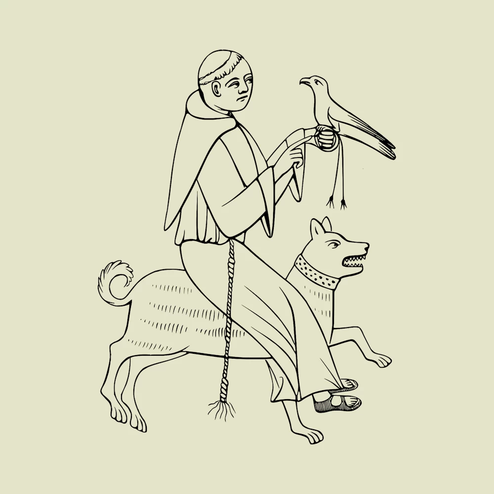 "Envy" Monk Riding Dog Holding a Bird of Prey Vector