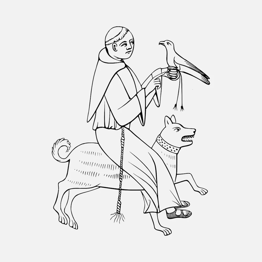 "Envy" Monk Riding Dog Holding a Bird of Prey Vector