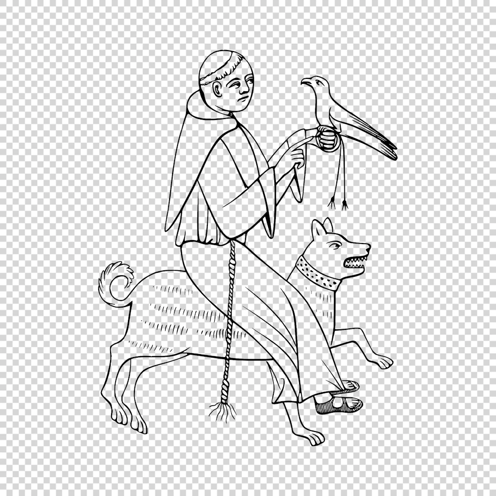 "Envy" Monk Riding Dog Holding a Bird of Prey Vector