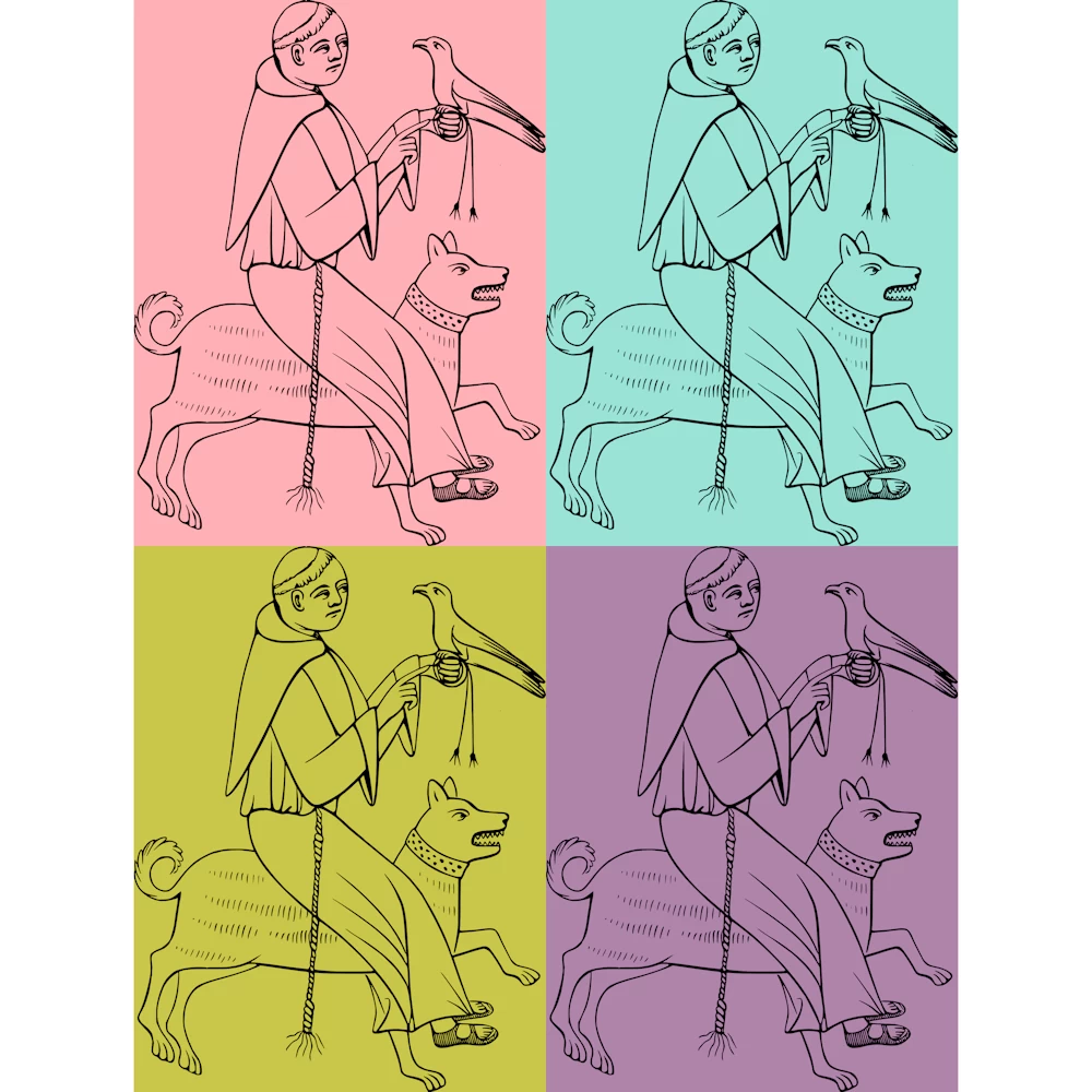 "Envy" Monk Riding Dog Holding a Bird of Prey Vector